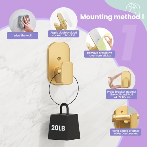 Self-Adhesive Curtain Rod Brackets - No Drill Gold Hooks for 5/8" Rods
