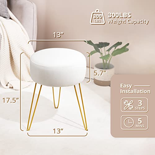 Round Velvet Vanity Stool with Gold Metal Legs, 18-Inch Footrest Ottoman