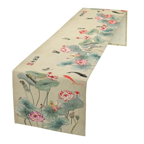 Drapeloft 13" x 90" Ink Painting Japanese Table Runner - Traditional Koi & Butterfly Design