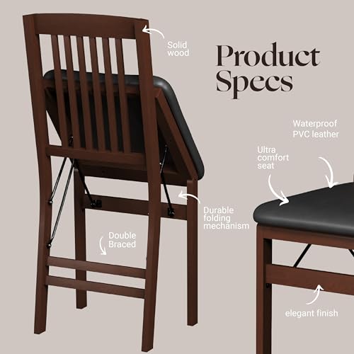 Folding Wood Dining Chairs with PU Leather Cushion, 2 Pack