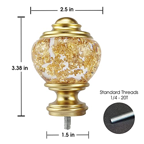 Decorative Gold and Clear Round Curtain Rod Finials, Set of 2
