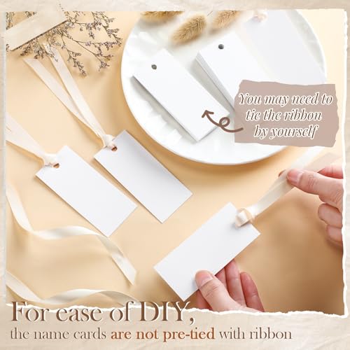 50 Pcs Blank Wedding Place Cards with Beige Satin Ribbons