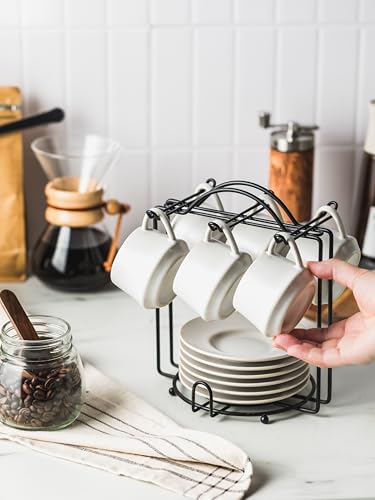YHOSSEUN Reactive Beige 4 oz Espresso Cups Set of 6 with Saucers Spoons & Stand