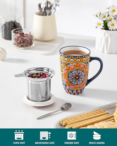 Vancasso Burnt-Cobalt Mandala Ceramic Tea Mug with Infuser & Lid, 18oz