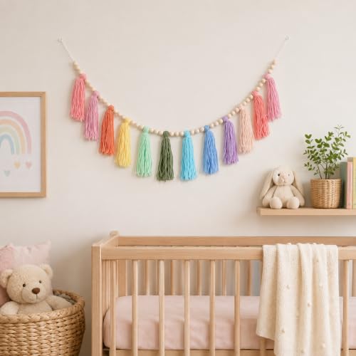 Colorful Cotton Tassel Garland Boho Wall Hanging for Nursery and Parties