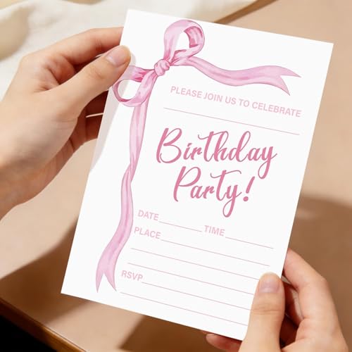 Pink Bow Birthday Invitations - 20 Sets with Envelopes & Stickers