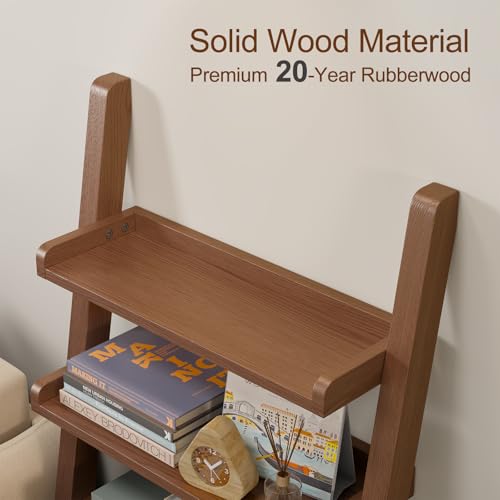 5-Tier Wooden Leaning Ladder Shelf, Modern Rubberwood Bookshelf