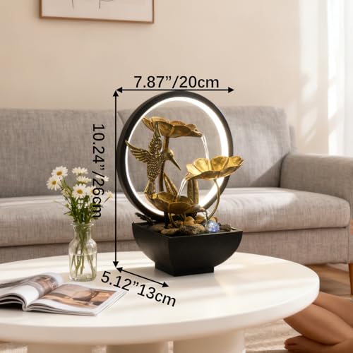 Tabletop Indoor Water Fountain - Zen Bronze Lotus with LED & River Rocks