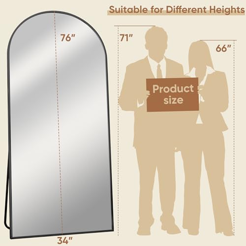 76"x34" Arched Full Length Floor Mirror, Large Aluminum Black Body Mirror