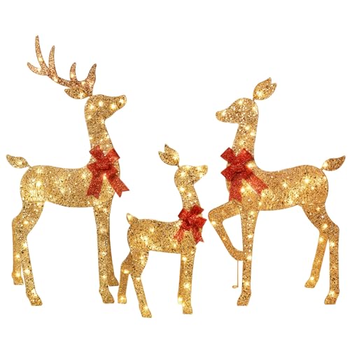 HOYECHI 4FT Gold 3-Piece Lighted Christmas Reindeer Family Set with 145 LED Lights