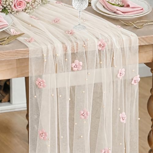Artoid Mode 28x120 Inch Pink & White Pearl Flower Gauze Table Runner for Wedding & Holiday Decor