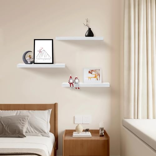 White Floating Shelves - 16-Inch Wall Mounted Display Shelves, Set of 3