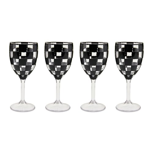 Checkered Acrylic Wine Goblets, 12-Ounce Stemmed Glasses, Set of 4