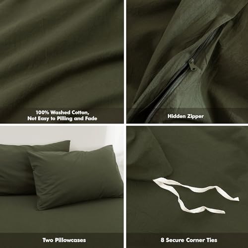 100% Washed Cotton Queen Duvet Cover Set - Soft Linen Feel Bedding, Olive Green