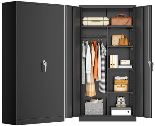 72-inch Metal Wardrobe Cabinet with Lock, Adjustable Shelves and Hanging Rod
