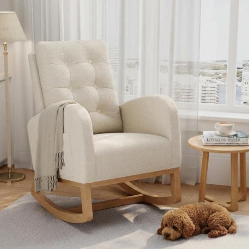 Modern Linen Upholstered Rocking Chair with Side Pocket - Beige Glider
