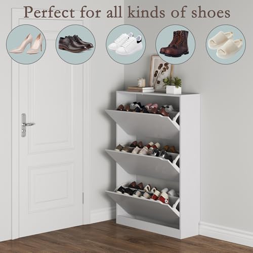 Freestanding Wood Shoe Cabinet with 3 Flip Drawers - White Entryway Storage