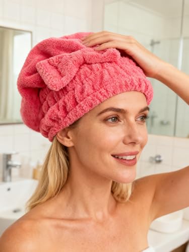 MAYOUTH Microfiber Hair Drying Cap with Bow-Knot Dark Grey & Rose Red 2-Pack