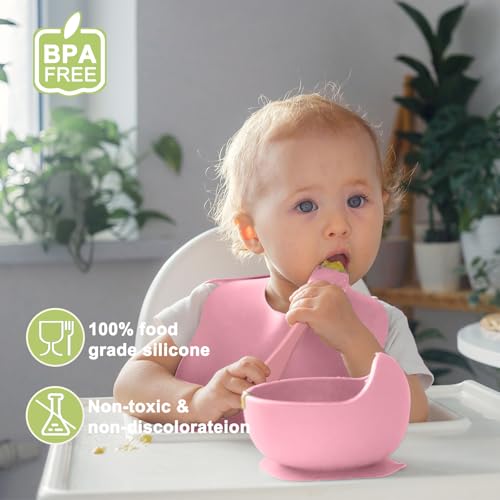 Silicone Baby Feeding Set with Suction Plate, Bowl, Bib and Utensils Pink