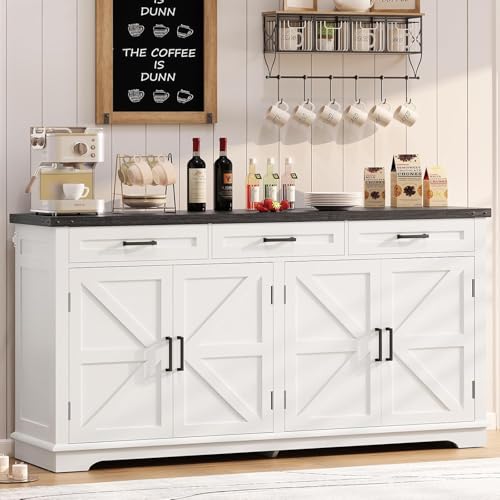 Large Farmhouse Sideboard Buffet Cabinet with 4 Doors and 3 Drawers, White