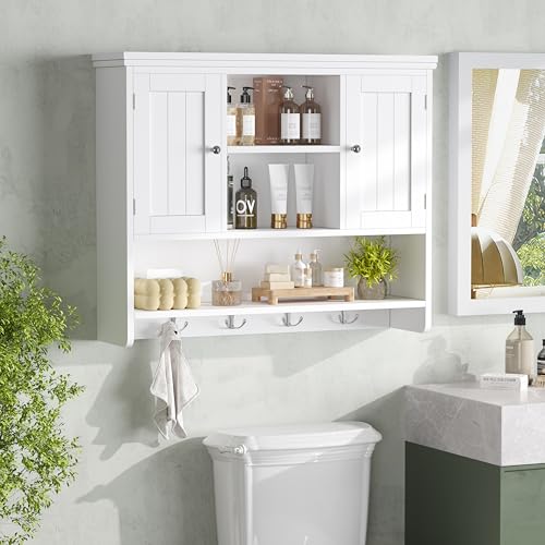 3-Tier Wall Mounted Bathroom Cabinet with Doors and Hooks, White Storage Shelf