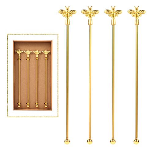 GaryVault 4Pcs Bumble Bee Cocktail Stir Sticks Stainless Steel with Gold Decor Top