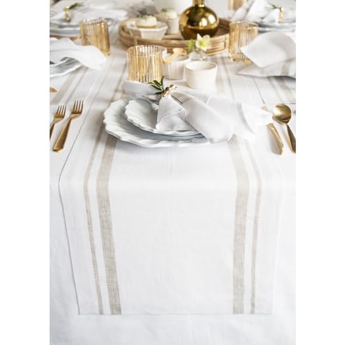 Solino Home 100% Linen Table Runner 14 x 132 in - Natural & White Stripe (Natural & White)