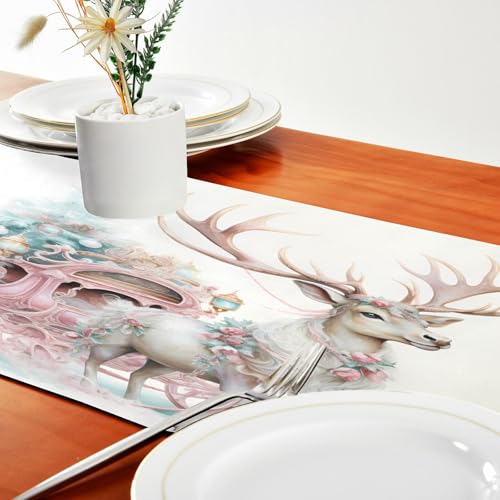 Senya Pink Christmas Elk Table Runner 14x108 Inches - Holiday Decor