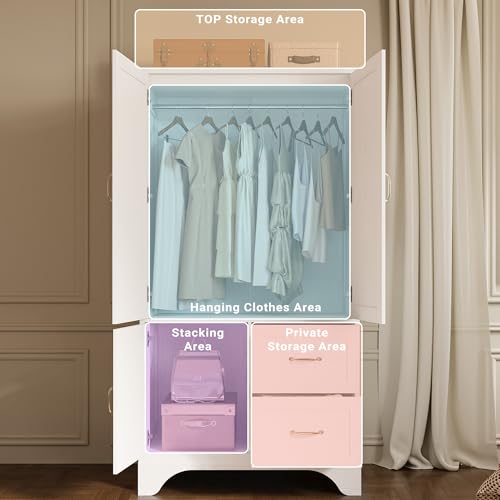 3-Door Wooden Wardrobe Armoire with Mirror, Hanging Rod and Drawers