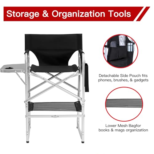 Foldable Makeup Director Chair - Portable Tall Chair with Side Table & Storage