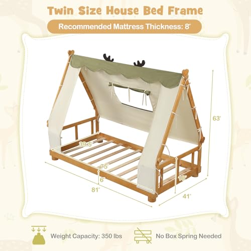 Twin House Floor Bed for Kids with Canopy, Fence Rails & Wood Slat Support