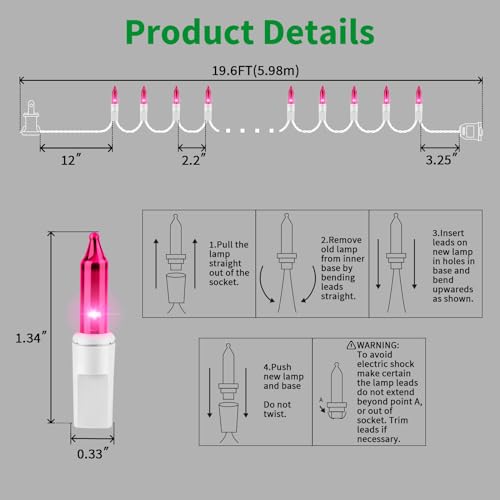 Pink Christmas Mini String Lights - 100 Count, 19.6 Ft White Wire