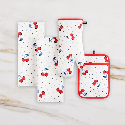 Cherry Dot Kitchen Towel, Oven Mitt & Pot Holder 4-Piece Set - 100% Cotton