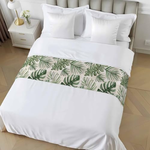 Green Monstera Deliciosa Bed Runner Scarf - Cal King Tropical Bed Throw