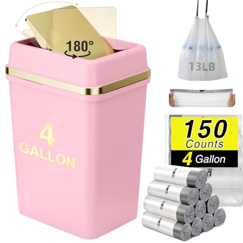 Pink Bathroom Trash Can with Lid and 150 Bags, 4 Gallon