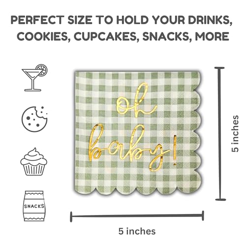 Sage Green and Gold Foil Baby Shower Napkins - 50 Pack 'Oh Baby' Decorations