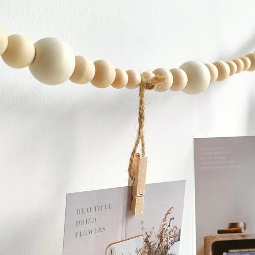2PCS Boho Hanging Photo Display with Wood Beads and Clips, 47.2-inch Wall Decor