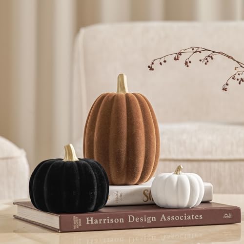 3-Piece Flocked Resin Pumpkin Set for Fall Thanksgiving Home Decor