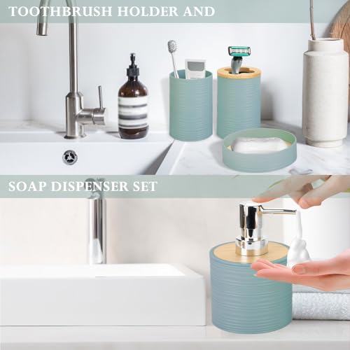 4-Piece Bamboo Bathroom Accessory Set, Aqua Boho Soap Dispenser and Holder