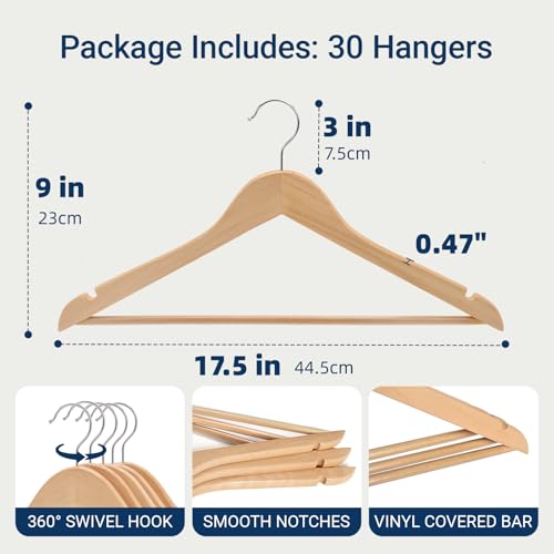 Natural Wooden Coat Hangers 30 Pack, Heavy Duty Wood Suit Hangers with Non-Slip Pants Bar