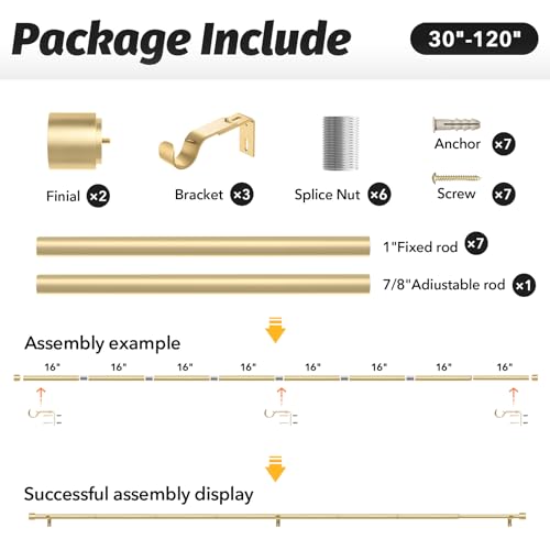 Adjustable Heavy Duty Gold Curtain Rod 66 to 120 Inch Window Set