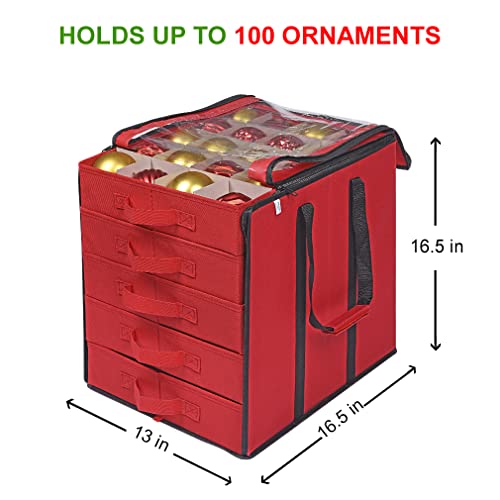 ProPik Red Christmas Ornament Storage Box with Dividers - Holds 100 Ornaments