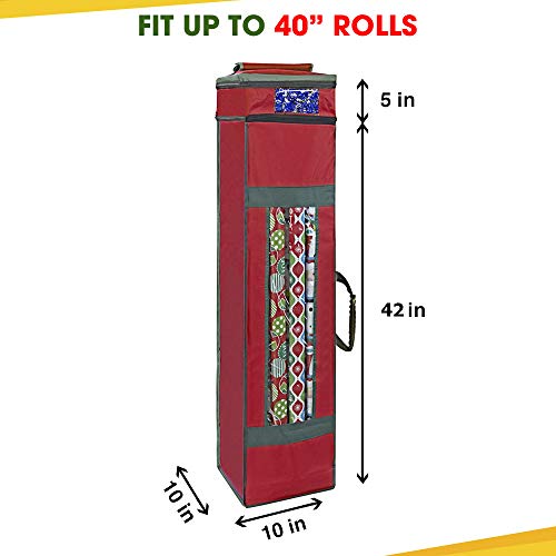 Wrapping Paper Storage Bag with Pockets Handles and Clear Window Red