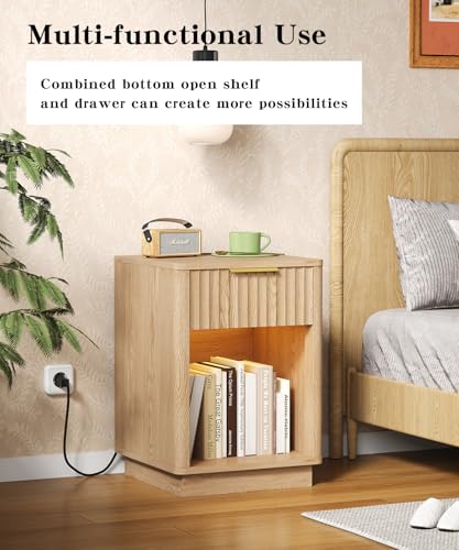 Fluted Nightstand Set with Charging Station and LED Light, 2-Piece