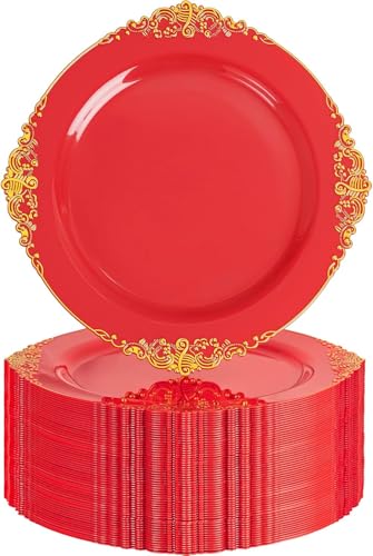 Nervure 100Pcs 10.25'' Red Plastic Plates – Disposable Party Dinner Plates