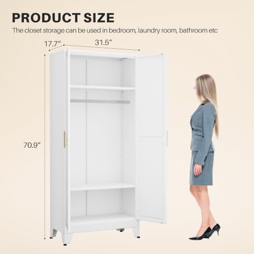 71" Metal Wardrobe Closet with Mirror, Freestanding Steel Clothing Armoire