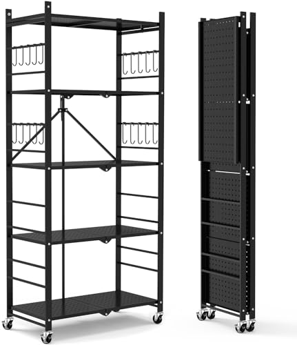 5-Tier Foldable Metal Storage Shelf with Wheels and Hooks, Black