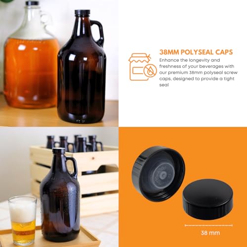 64 oz Amber Glass Growlers - 6 Pack Half Gallon Jugs with Poly Seal Caps