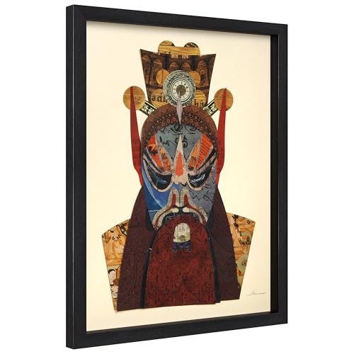 Beijing Opera Mask Wall Art - Handmade 3D Collage by Alex Zeng, Framed Decor, 25x19 inches