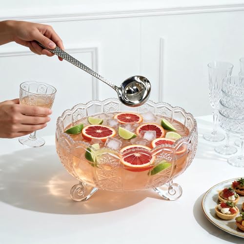 10-Inch Glass Punch Bowl Set with Stainless Steel Ladle - 3L Serving Bowl